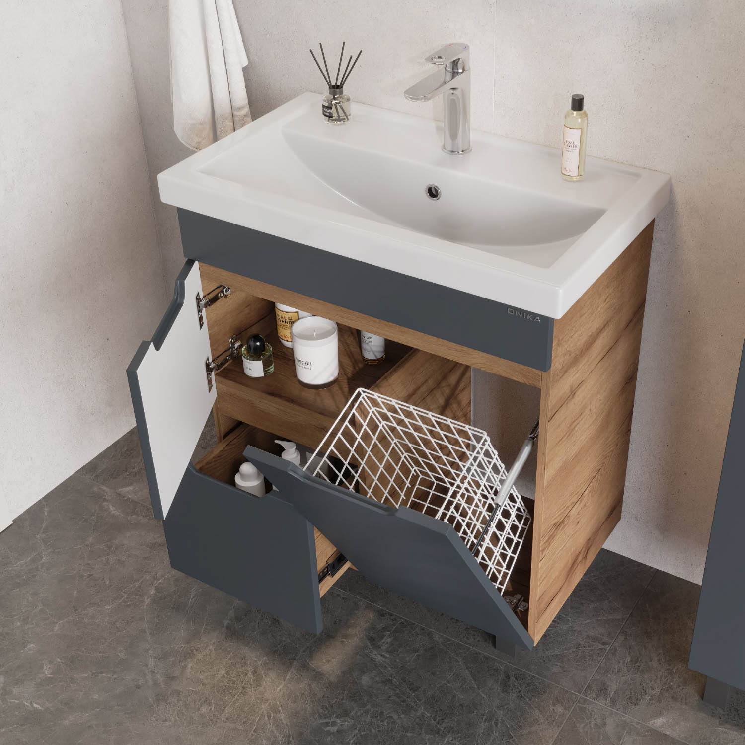 Тумба под раковину Оника Айленд 70, с бельевой корзиной, цвет графит / дуб крафт золотой - фото 1