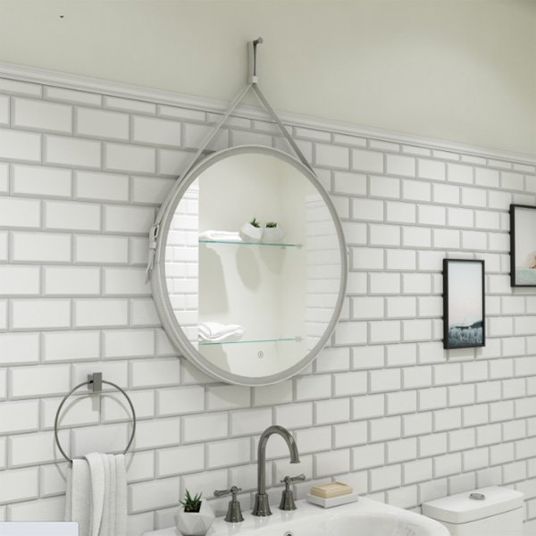 Зеркало Art & Max Milan 65x65, на кожаном ремне, с подсветкой и диммером, цвет белый