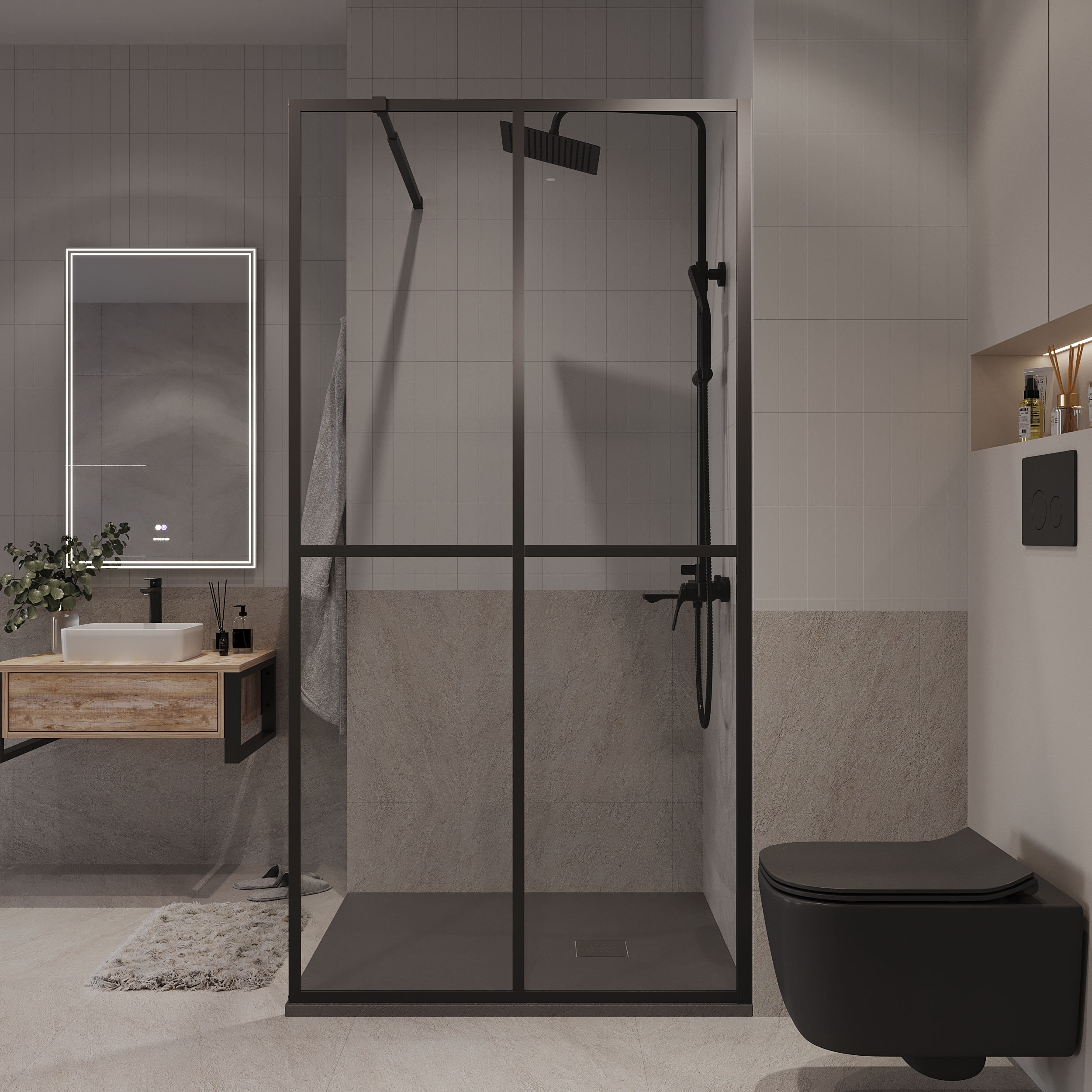 Душевая перегородка Niagara Nova NG-686-90 Black 90x195, стекло прозрачное с рисунком, профиль черный матовый - фото 1