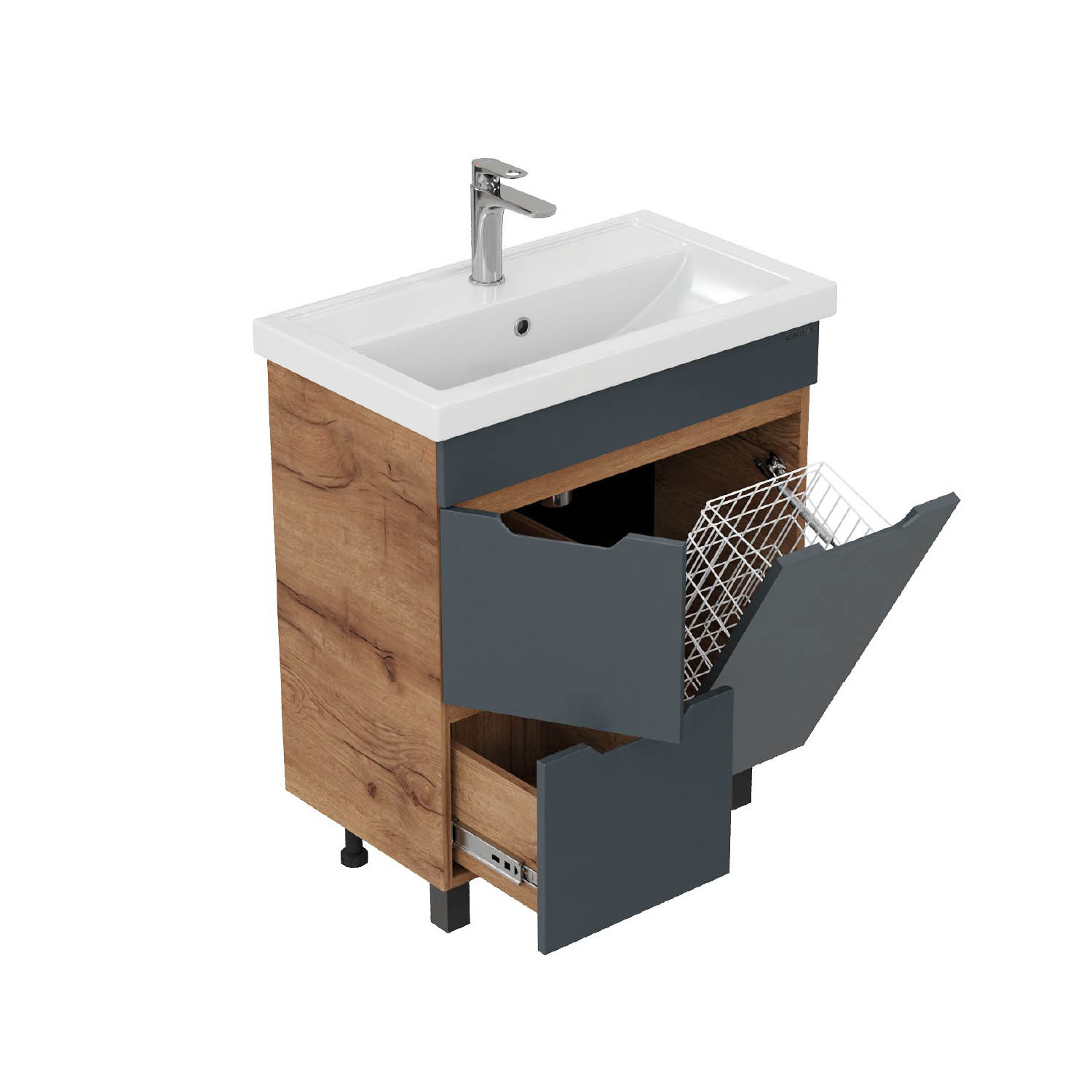 Тумба под раковину Оника Айленд 70, с бельевой корзиной, цвет графит / дуб крафт золотой - фото 1