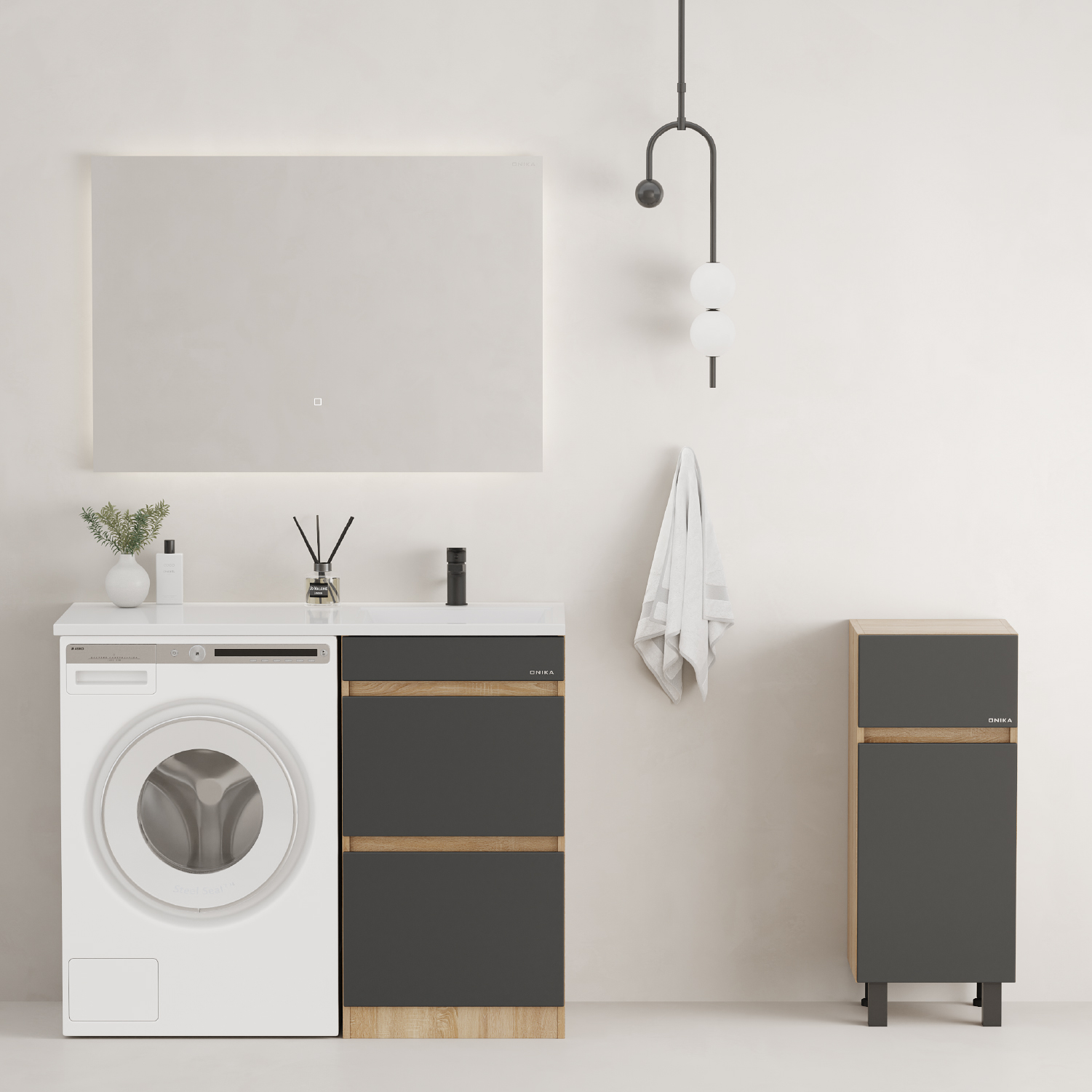 Мебель для ванной Оника Милтон 110, с тумбой 48 см,с ящиками, цвет серый / дуб сонома