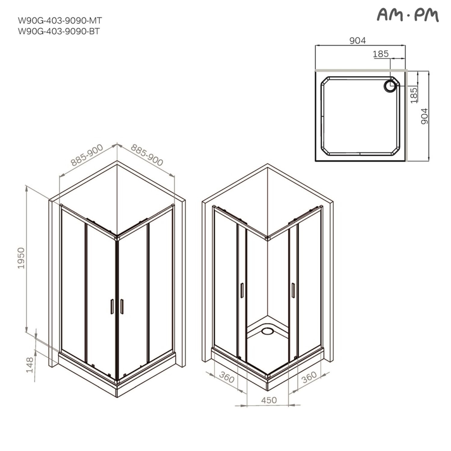 Душевой уголок AM.PM Gem W90G-403-9090MT 90x90, стекло прозрачное, профиль хром матовый - фото 1