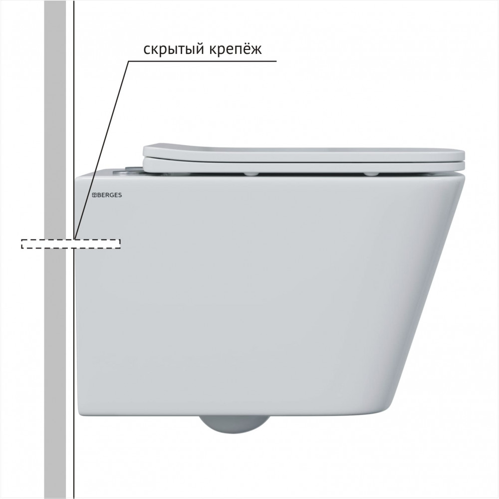 Комплект Berges 043347 унитаза Floe S Rimless с сиденьем микролифт и инсталляции Atom 410 с кнопкой хром матовый