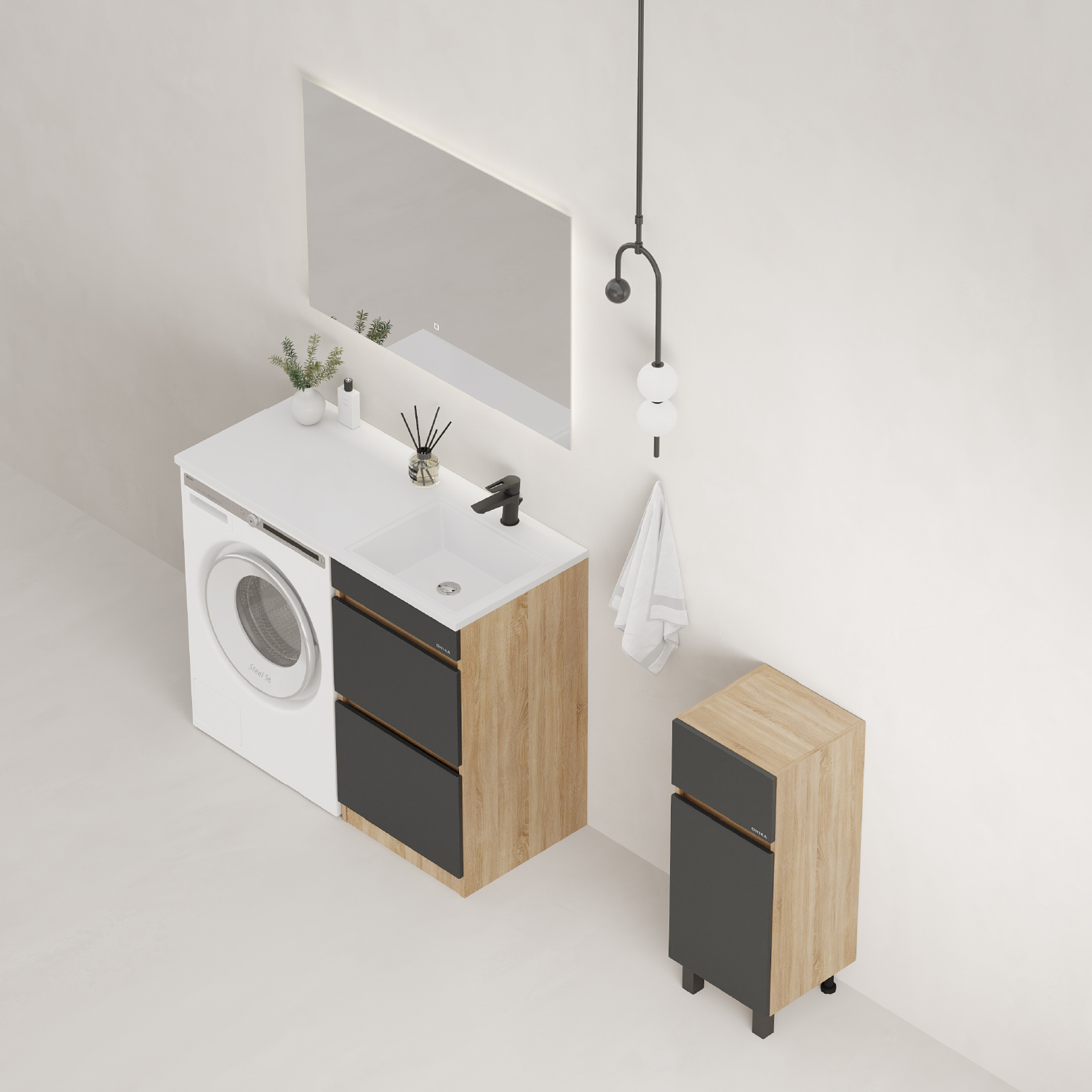 Мебель для ванной Оника Милтон 120, с тумбой 58 см, с ящиками, цвет серый / дуб сонома