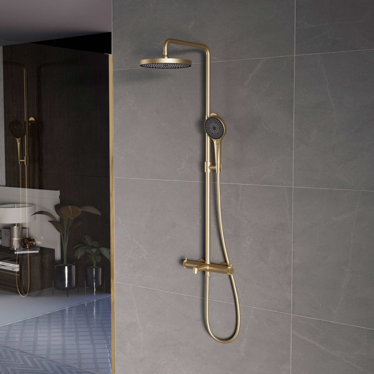 Душевая стойка Vincea Rim VSFS-2RM1BG, с верхним душем, смесителем, цвет брашированное золото - фото 1