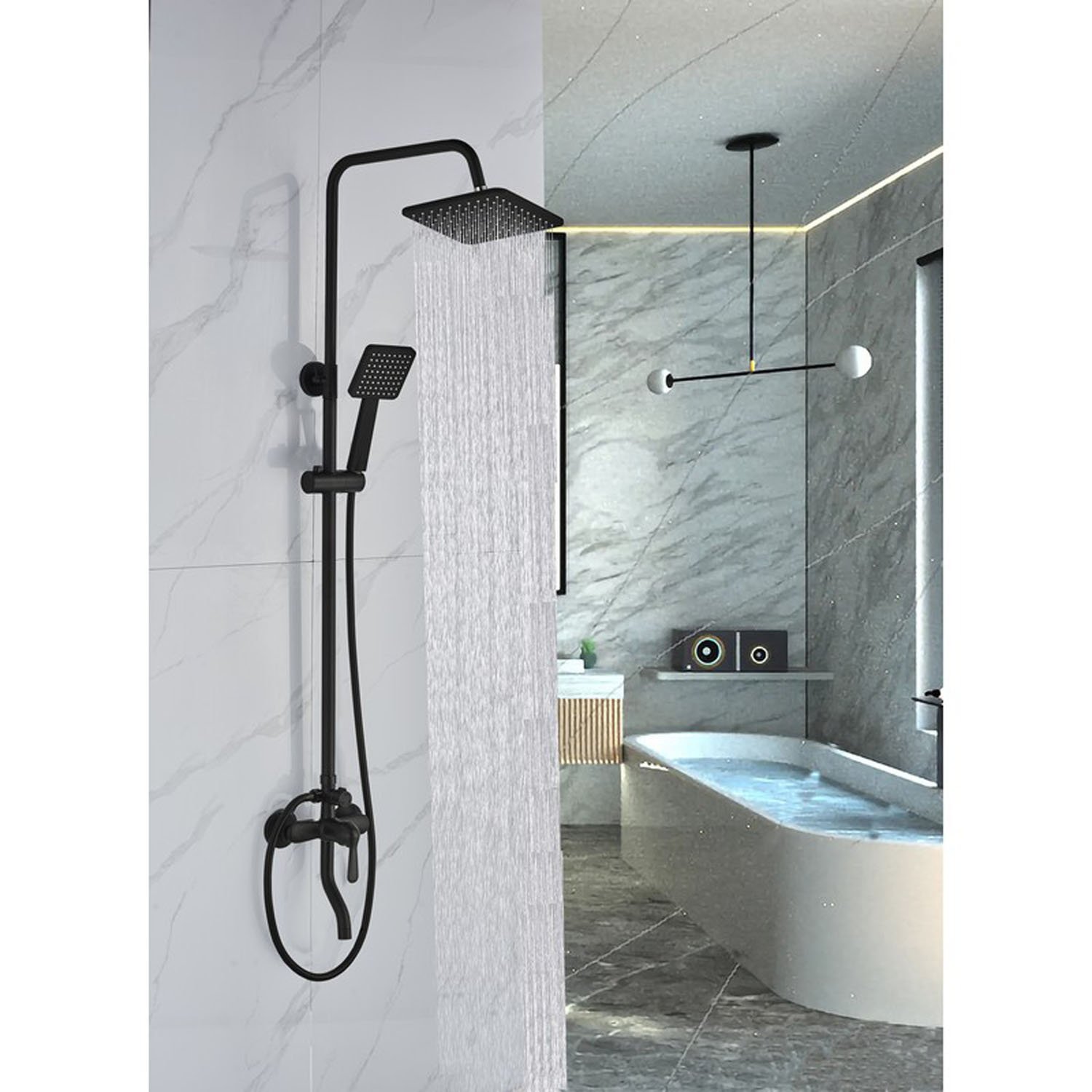 Душевая стойка Boch Mann Eco Quadro Black BM8427, с верхним душем, смесителем, цвет черный - фото 1