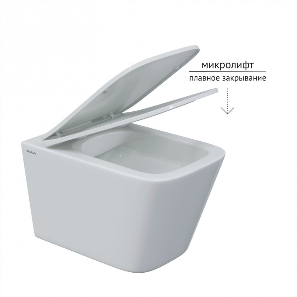 Комплект Berges 043345 унитаза Floe S Rimless с сиденьем микролифт и инсталляции Atom 410 с черной кнопкой Soft Touch