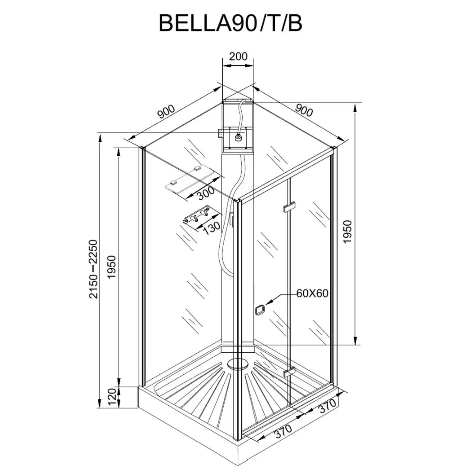 Душевая кабина CeruttiSPA Bella 90B 90x90, стекло прозрачное, профиль черный, без крыши - фото 1