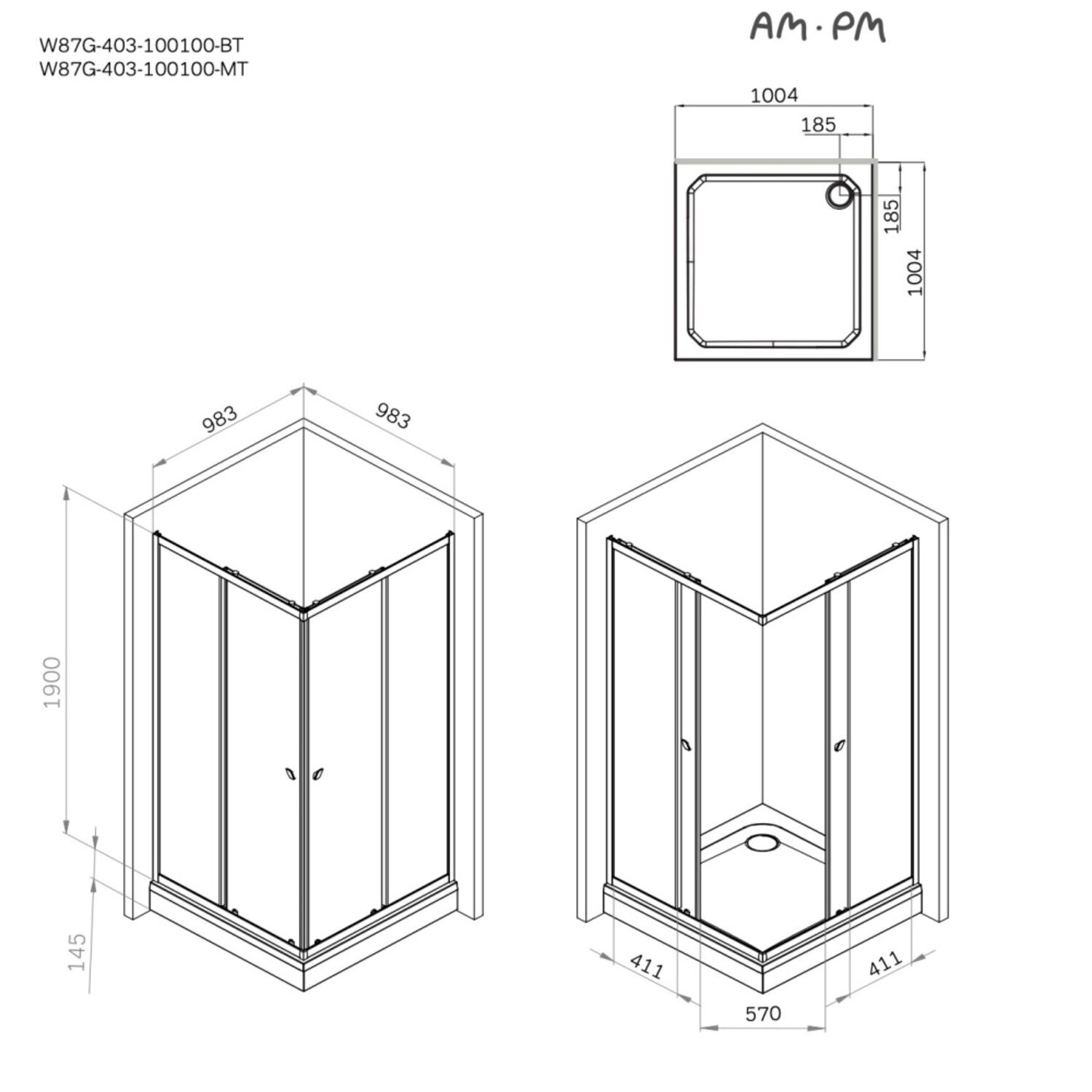 Душевой уголок AM.PM Sunny W87G-403-100100-MT 100x100, без поддона, стекло прозрачное, профиль серебро матовое - фото 1