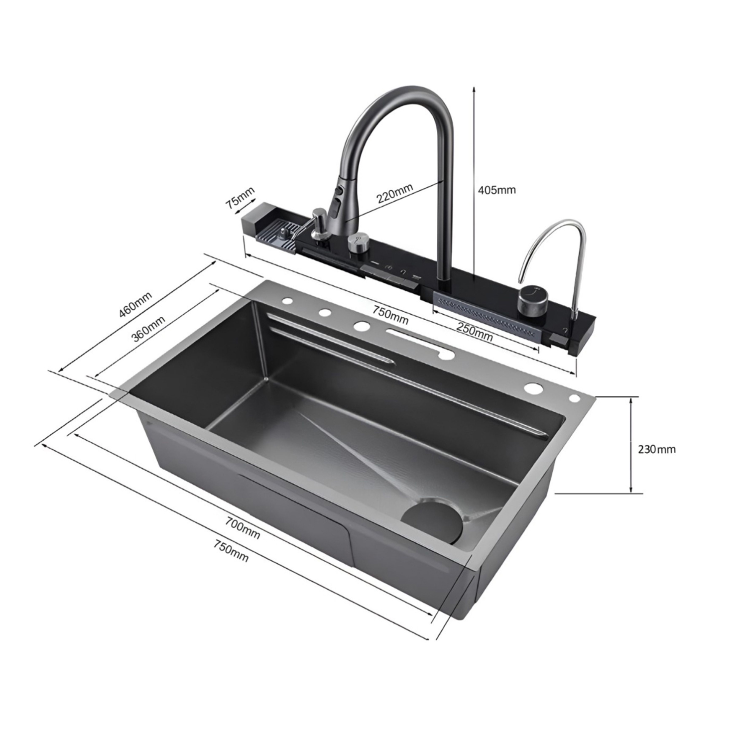 Многофункциональная кухонная мойка CeruttiSPA Gloria II Nano Black, 75x46 см, цвет графит - фото 1