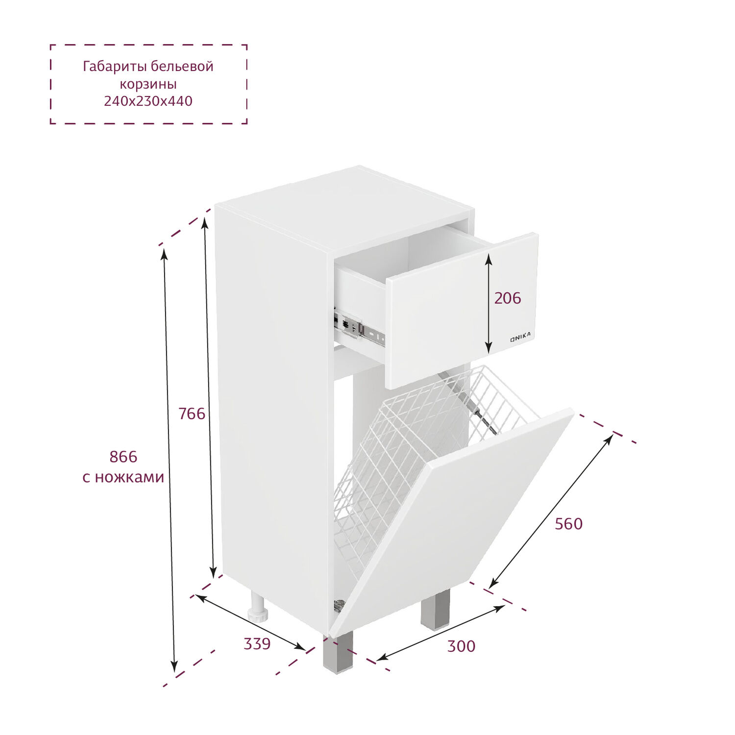 Тумба Оника Милтон 30, с бельевой корзиной, цвет белый - фото 1