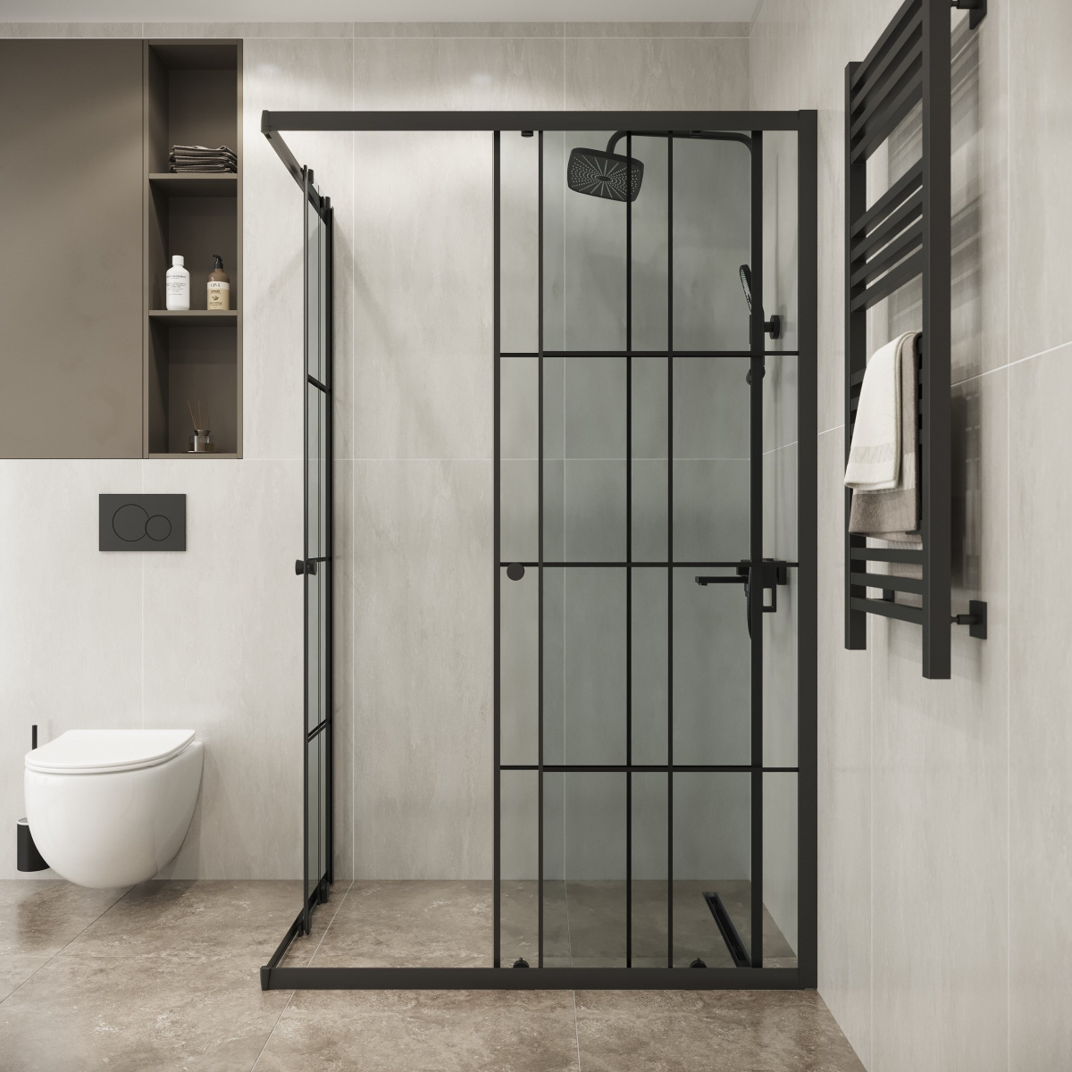 Душевой уголок Niagara Eco NG-1018-14QKL 100х80, стекло прозрачное с черной клеткой, профиль черный матовый - фото 1