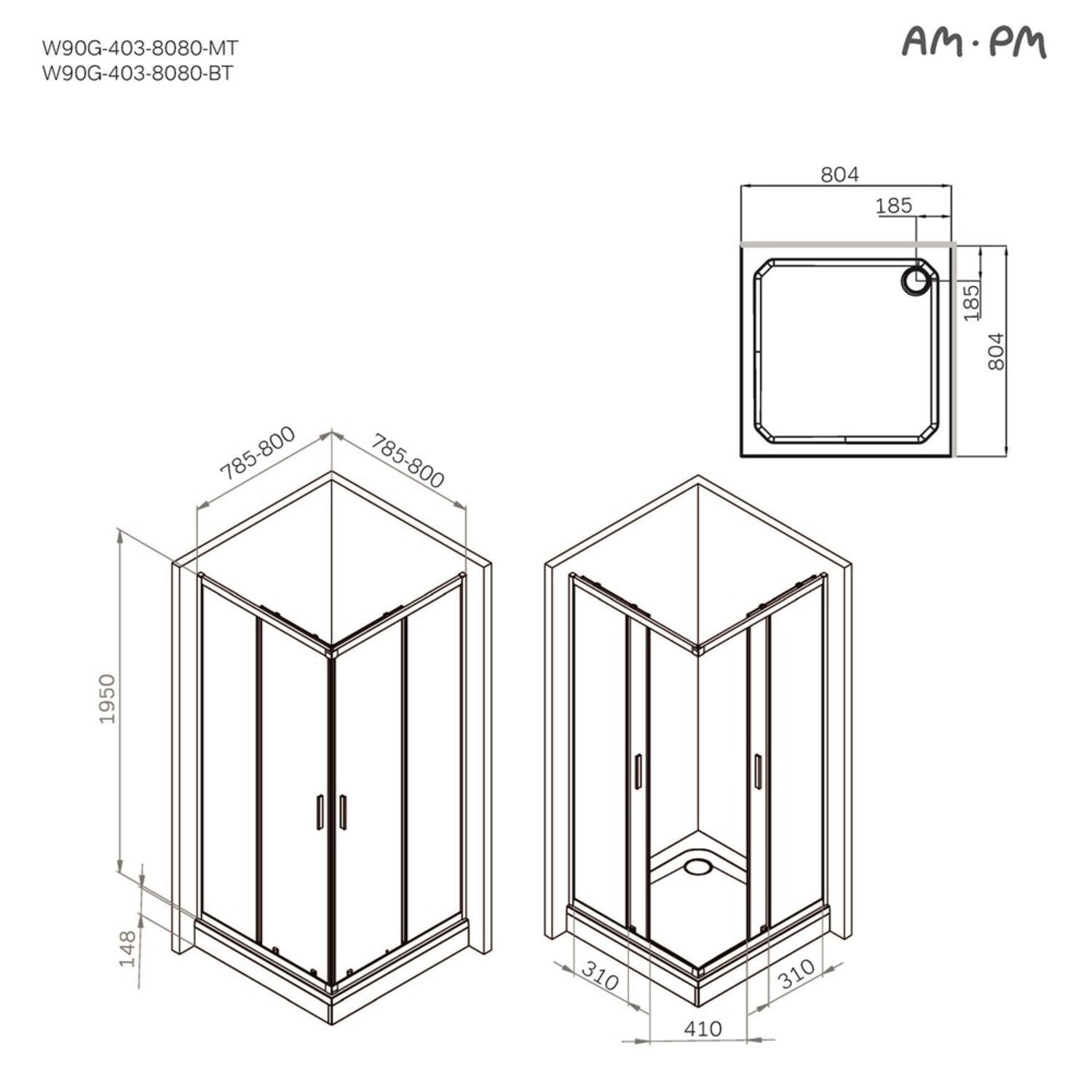 Душевой уголок AM.PM Gem W90G-403-8080-MT 80x80, стекло прозрачное, профиль хром матовый - фото 1