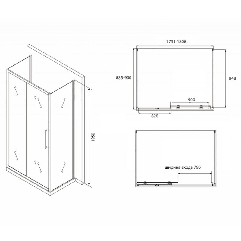 Душевой уголок Abber Schwarzer Diamant AG30180BH-S90B-S90B 180x90, стекло прозрачное, профиль черный - фото 1