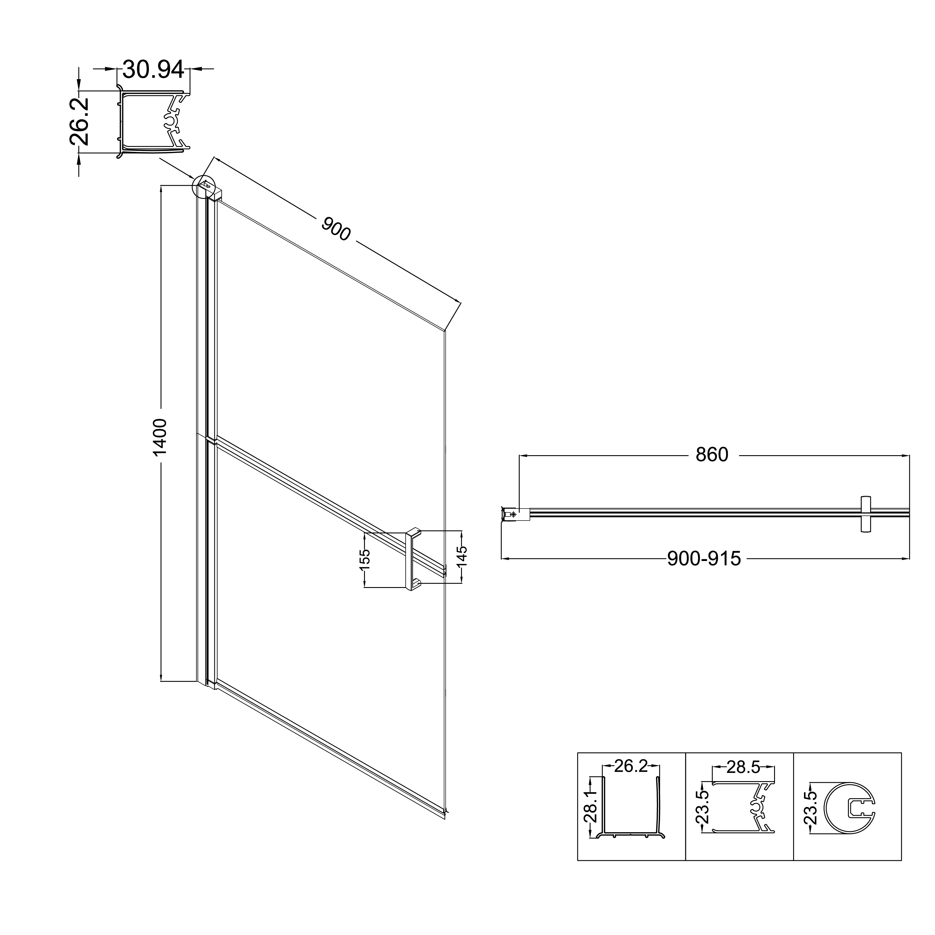 Шторка на ванну Niagara Nova NG-08-90 Black 90x140, стекло прозрачное с рисунком клетка, профиль черный матовый