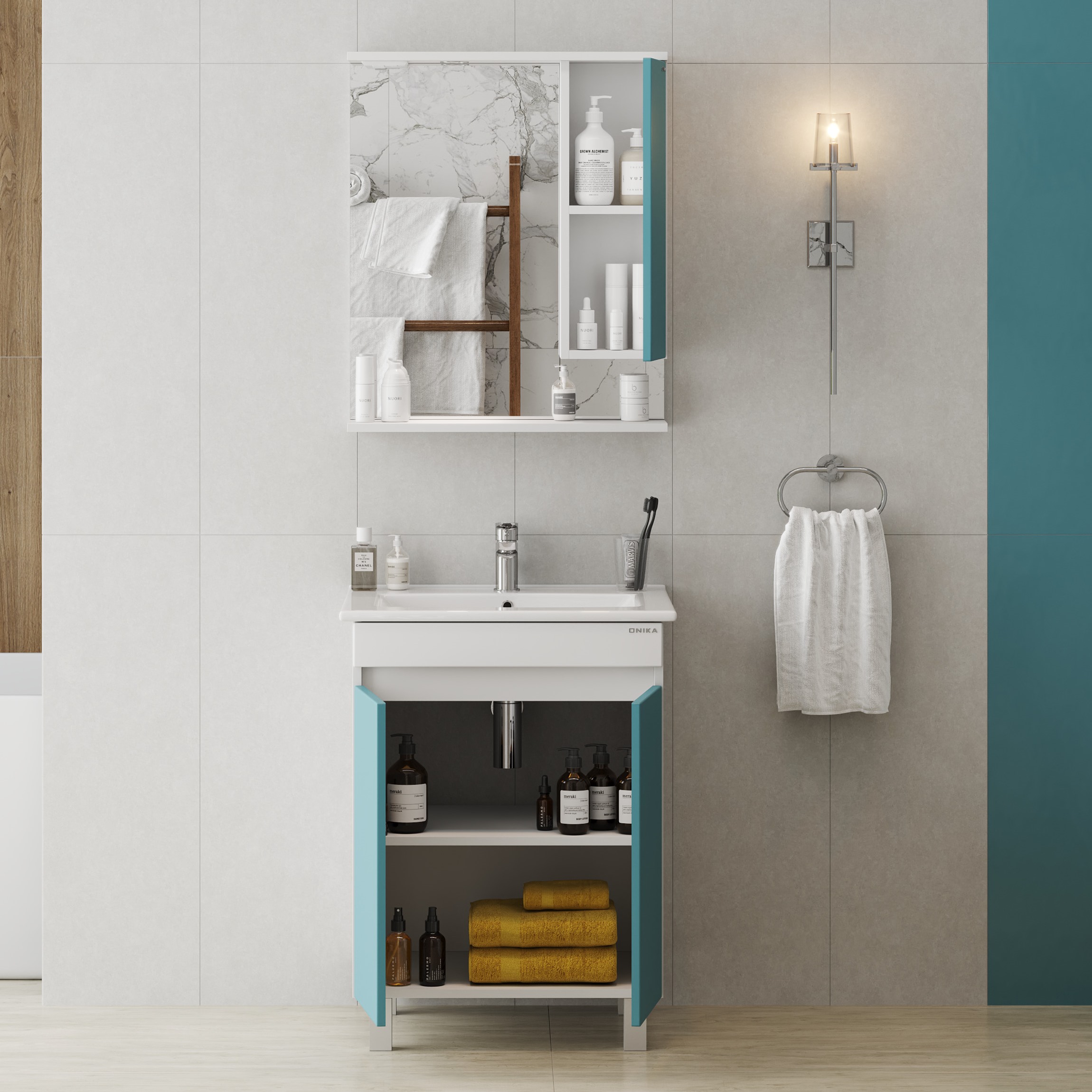 Мебель для ванной Оника Марви 60, цвет белый / бирюза - фото 1