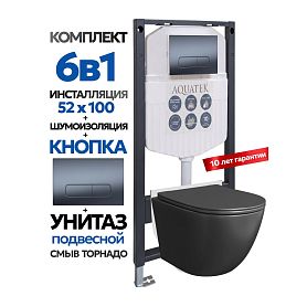 Комплект: Инсталляция Aquatek Duos 50+Кнопка 002C-1 оружейная сталь+Stella T JK1141020MB черный унитаз, смыв торнадо - фото 1