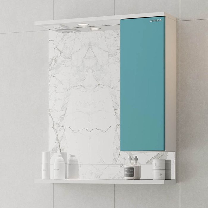 Шкаф-зеркало Оника Марви 60, правый, с подсветкой, цвет белый / бирюза
