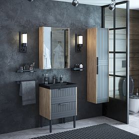 Мебель для ванной Corozo Инди 60, напольная/подвесная, с черной раковиной Стандарт, цвет дуб канзас/графит - фото 1