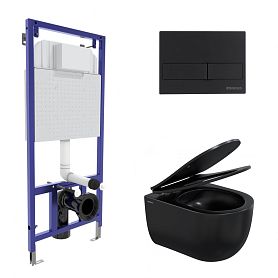 Комплект Berges Ventas Black Rimless унитаза с сиденьем микролифт и инсталляции с черной кнопкой - фото 1