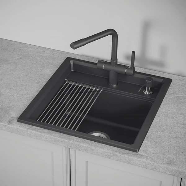 Кухонная мойка Granula Kitchen Space KS-5002 BL 50x51, с дозатором для жидкого мыла, сушилкой, цвет черный