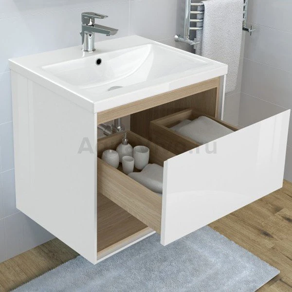 Мебель для ванной Cersanit Louna 60, с раковиной Como, цвет белый / светлое дерево - фото 1