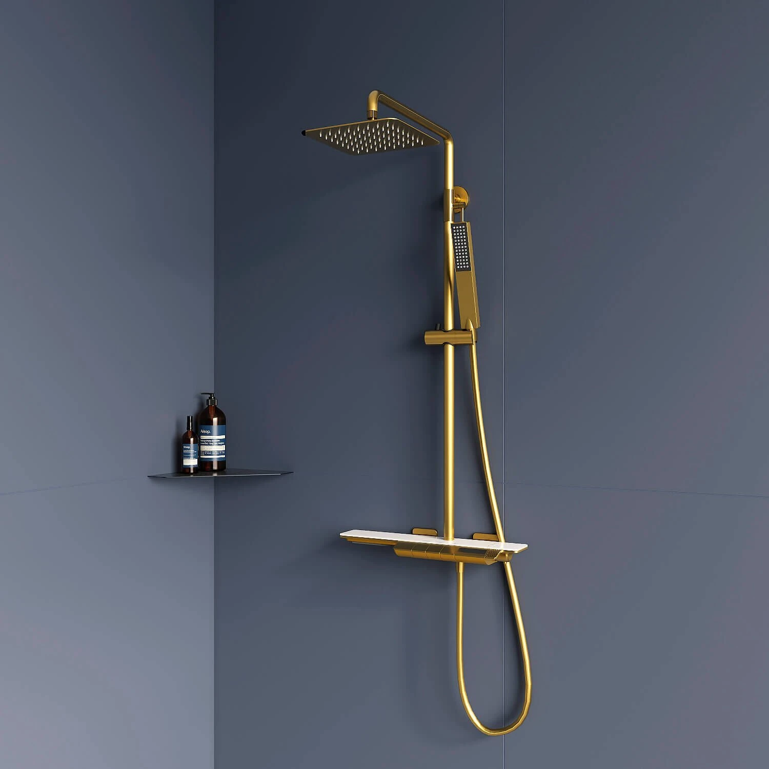 Душевая стойка RGW Shower Panels SP-34 G, с верхним душем, термостатическим смесителем, цвет брашированное золото