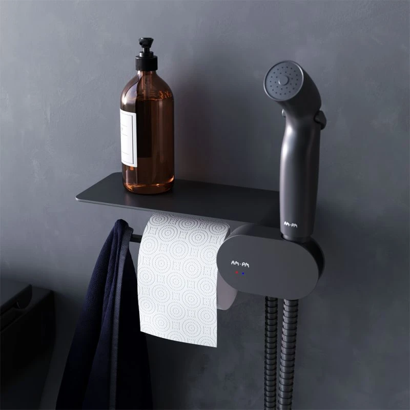 Гигиенический душ AM.PM Like F0202622, со встраиваемым смесителем, полкой, держателем туалетной бумаги и крючком, цвет черный - фото 1