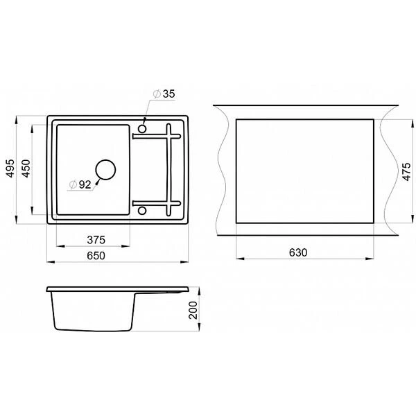 Кухонная мойка Granula GR-6501 BL 65x50, с крылом, цвет черный