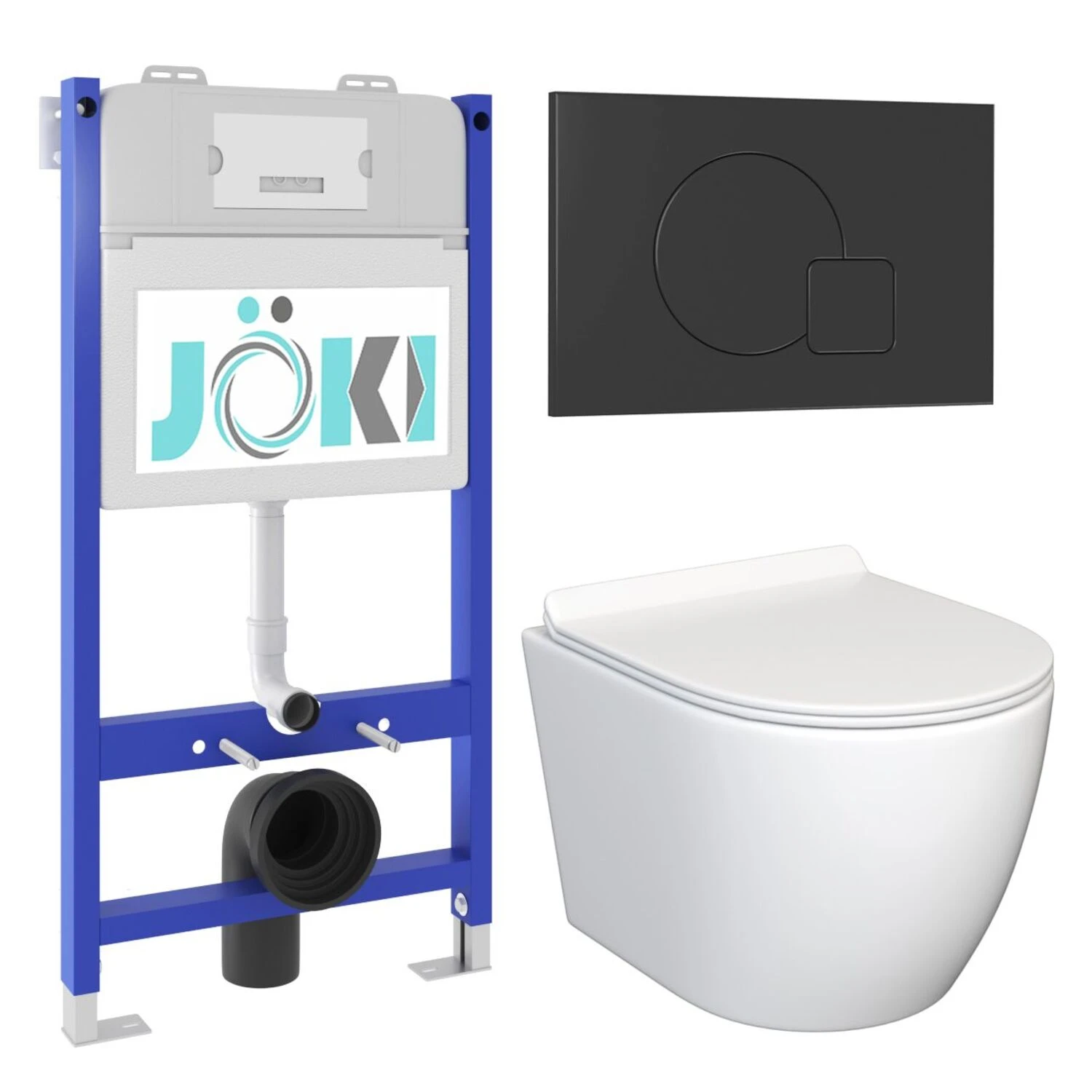 Комплект: JOKI Инсталляция JK03351+Кнопка JK023543BM черный+Stella JK1061016 унитаз белый