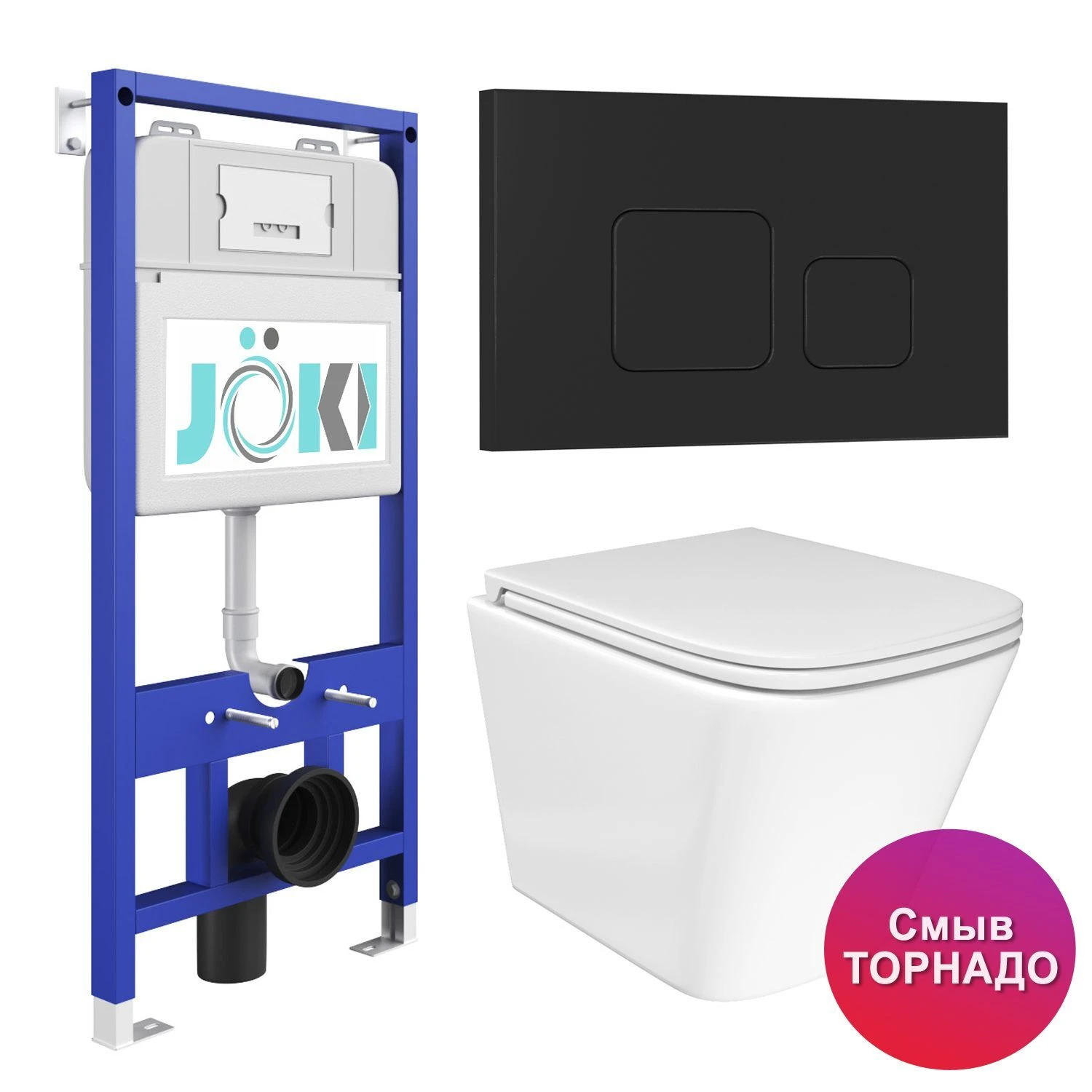 Комплект: JOKI Инсталляция JK01150+Кнопка JK702534BM черный+Verna T JK3031025 белый унитаз, смыв Торнадо