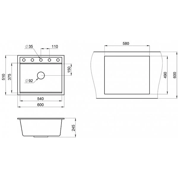 Кухонная мойка Granula Kitchen Space KS-6003 AL 60x51, с дозатором для жидкого мыла, сушилкой, цвет алюминиум