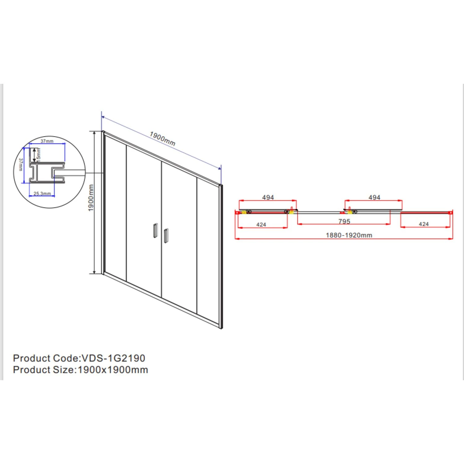 Душевая дверь Vincea Garda VDS-1G2 190x190, стекло прозрачное, профиль хром
